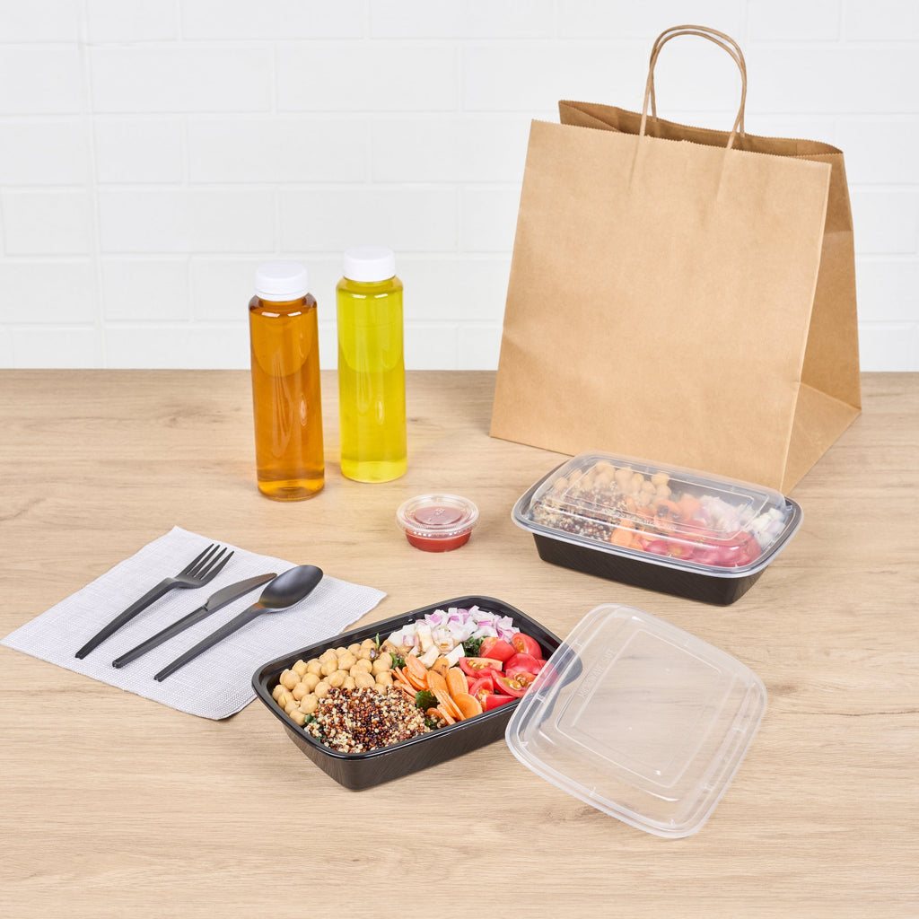 Asporto 24 oz Rectangle Black Plastic To Go Box - with Clear Lid, Microwavable - 8" x 5 1/4" x 1 3/4" - 100 count box