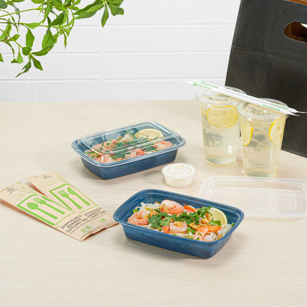 Asporto 24 oz Rectangle Midnight Blue Plastic To Go Box - with Clear Lid, Microwavable - 8" x 5 1/4" x 1 3/4" - 100 count box
