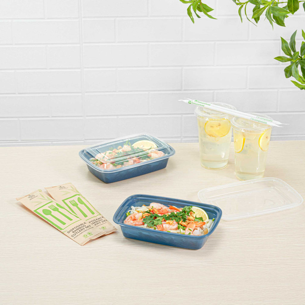 Asporto 24 oz Rectangle Midnight Blue Plastic To Go Box - with Clear Lid, Microwavable - 8" x 5 1/4" x 1 3/4" - 100 count box