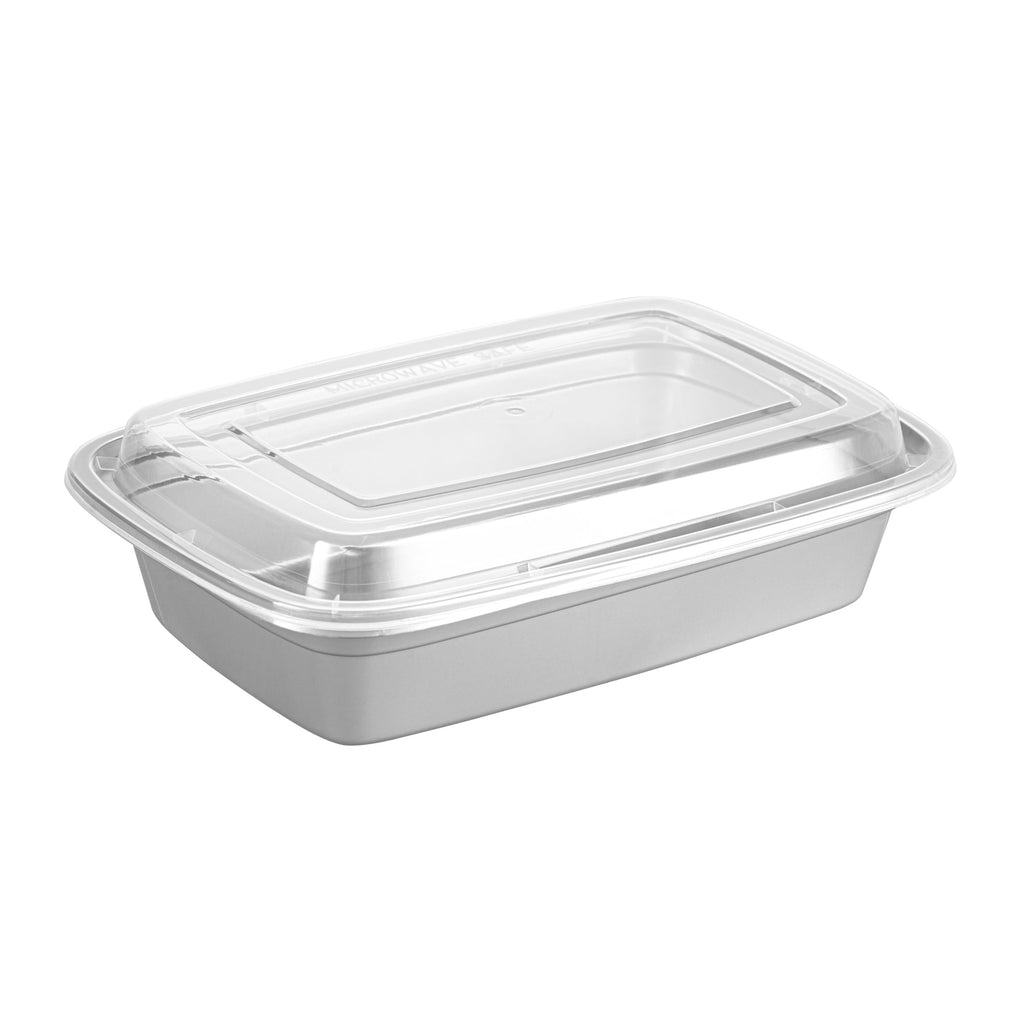 Asporto 24 oz Rectangle Silver Plastic To Go Box - with Clear Lid, Microwavable - 8" x 5 1/4" x 1 3/4" - 100 count box