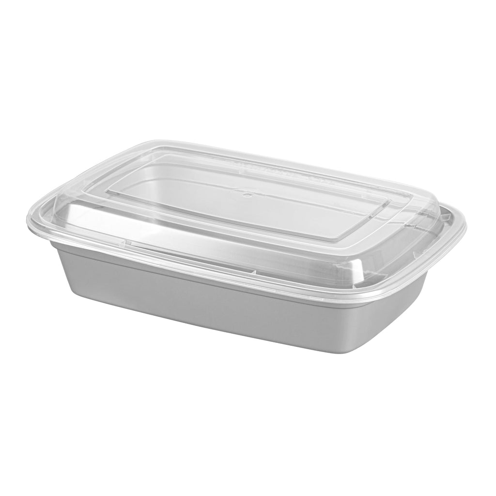 Asporto 24 oz Rectangle Silver Plastic To Go Box - with Clear Lid, Microwavable - 8" x 5 1/4" x 1 3/4" - 100 count box