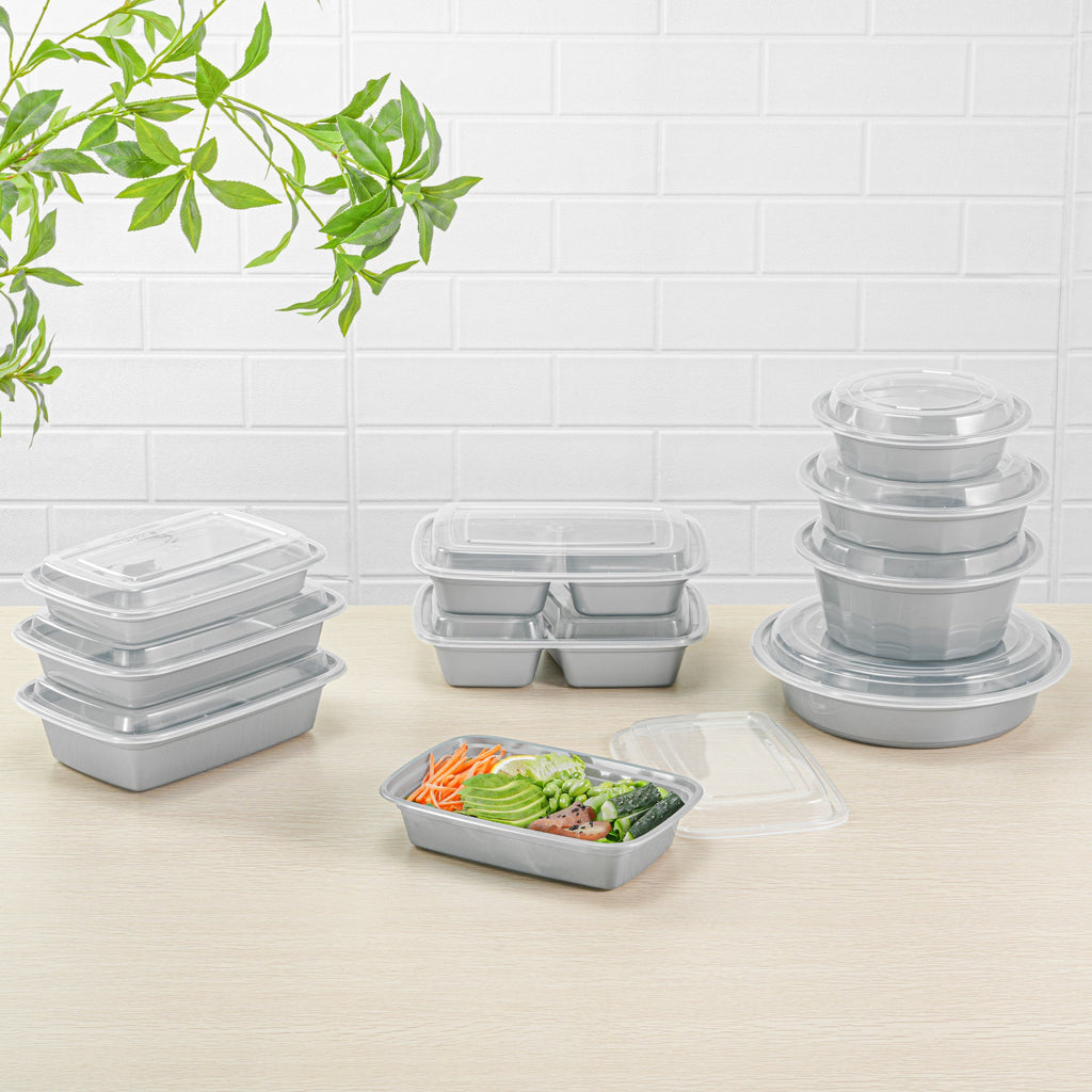 Asporto 24 oz Rectangle Silver Plastic To Go Box - with Clear Lid, Microwavable - 8" x 5 1/4" x 1 3/4" - 100 count box