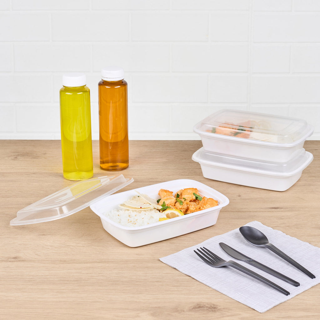 Asporto 24 oz Rectangle White Plastic To Go Box - with Clear Lid, Microwavable - 8" x 5 1/4" x 1 3/4" - 100 count box