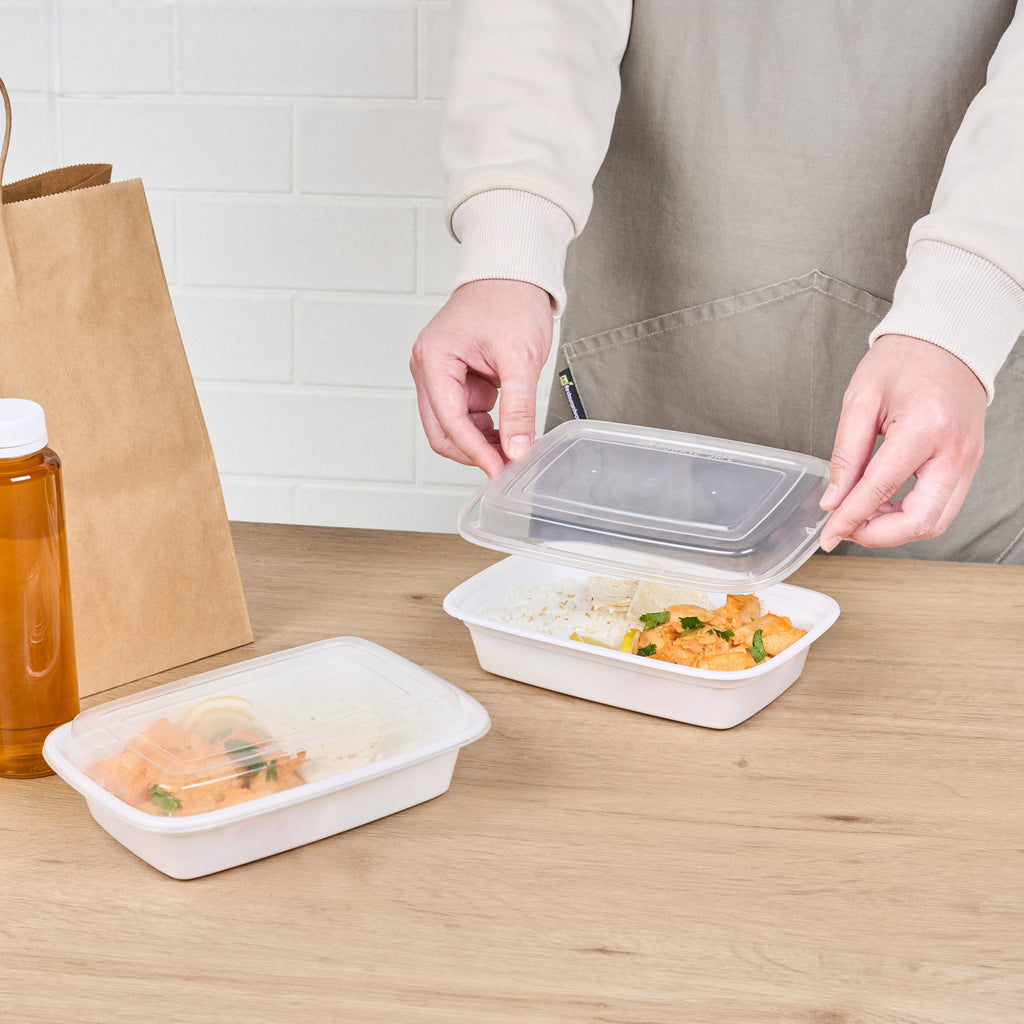 Asporto 24 oz Rectangle White Plastic To Go Box - with Clear Lid, Microwavable - 8" x 5 1/4" x 1 3/4" - 100 count box