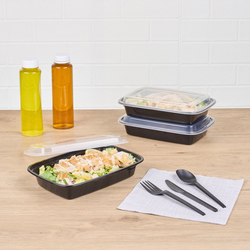 Asporto 28 oz Rectangle Black Plastic To Go Box - with Clear Lid, Microwavable - 8 3/4" x 6" x 1 1/2" - 100 count box