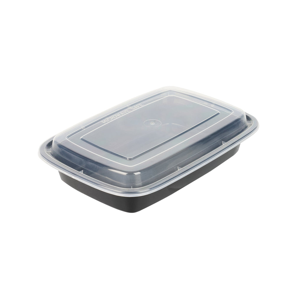 Asporto 28 oz Rectangle Black Plastic To Go Box - with Clear Lid, Microwavable - 8 3/4" x 6" x 1 1/2" - 50 count box
