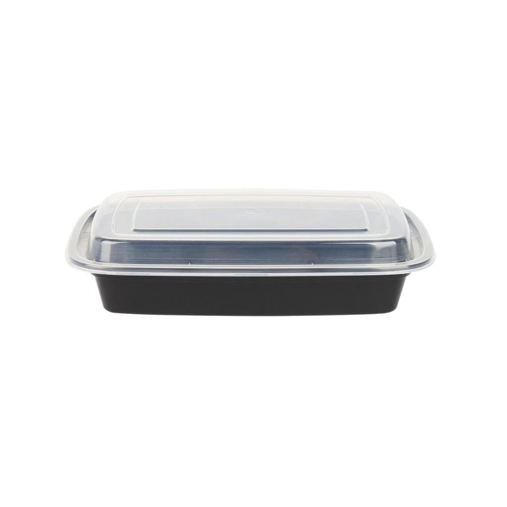 Asporto 28 oz Rectangle Black Plastic To Go Box - with Clear Lid, Microwavable - 8 3/4" x 6" x 1 1/2" - 50 count box