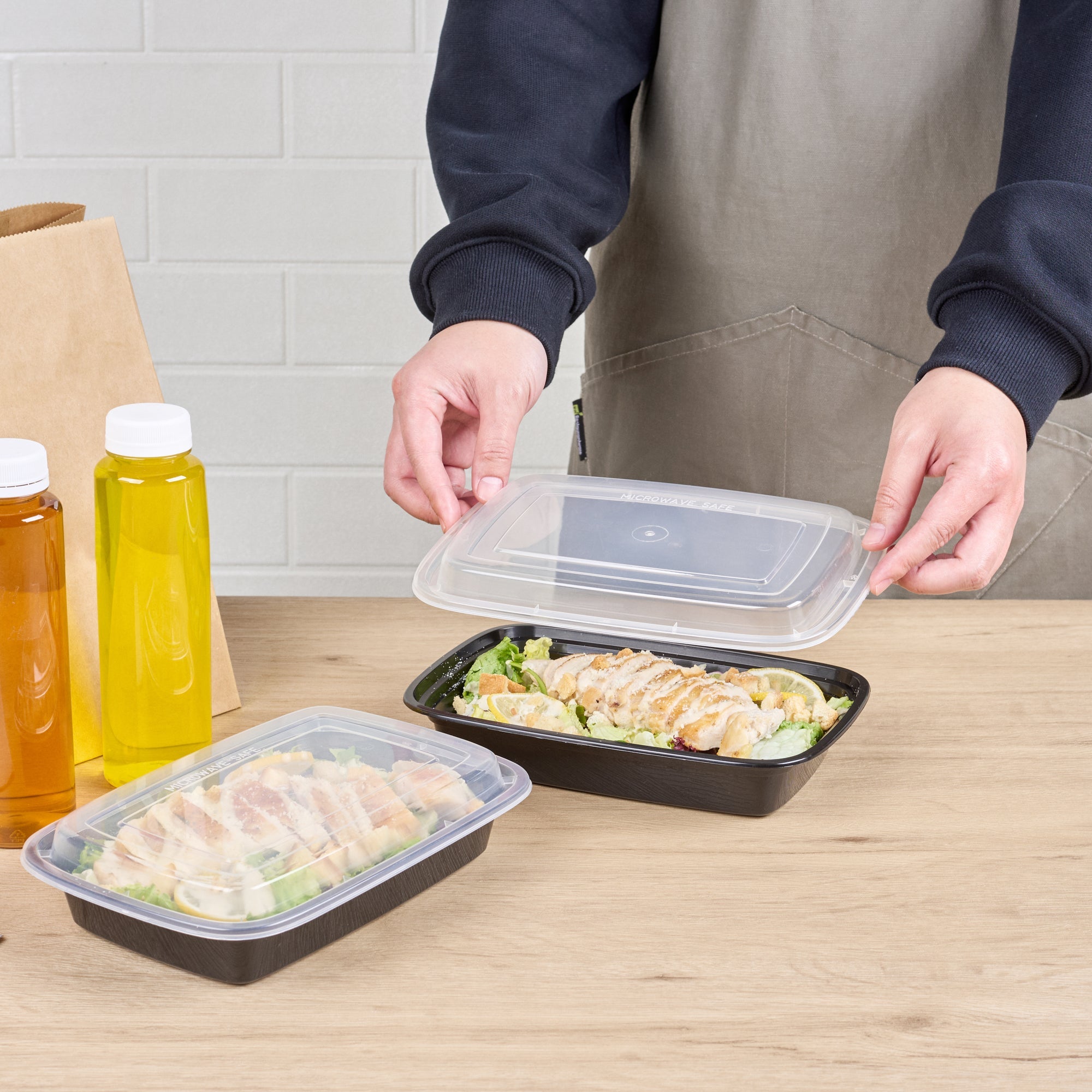 Asporto 28 oz Rectangle Black Plastic To Go Box - with Clear Lid, Microwavable - 8 3/4" x 6" x 1 1/2" - 50 count box