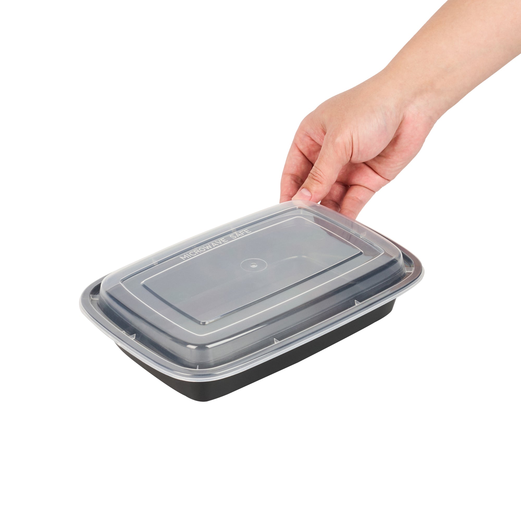 Asporto 28 oz Rectangle Black Plastic To Go Box - with Clear Lid, Microwavable - 8 3/4" x 6" x 1 1/2" - 100 count box