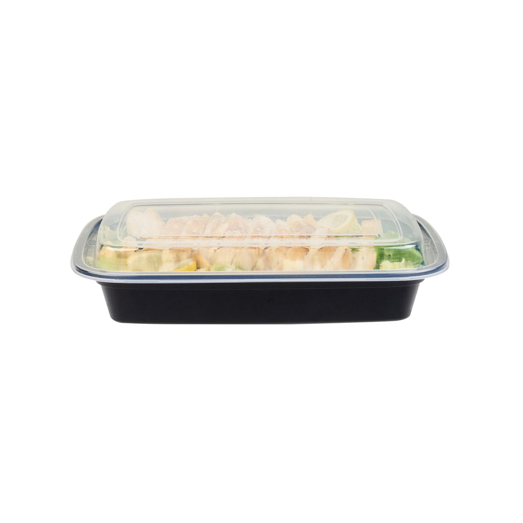 Asporto 28 oz Rectangle Black Plastic To Go Box - with Clear Lid, Microwavable - 8 3/4" x 6" x 1 1/2" - 100 count box