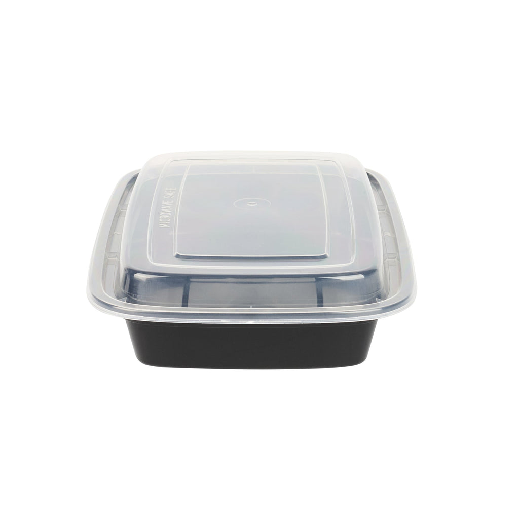 Asporto 28 oz Rectangle Black Plastic To Go Box - with Clear Lid, Microwavable - 8 3/4" x 6" x 1 1/2" - 100 count box