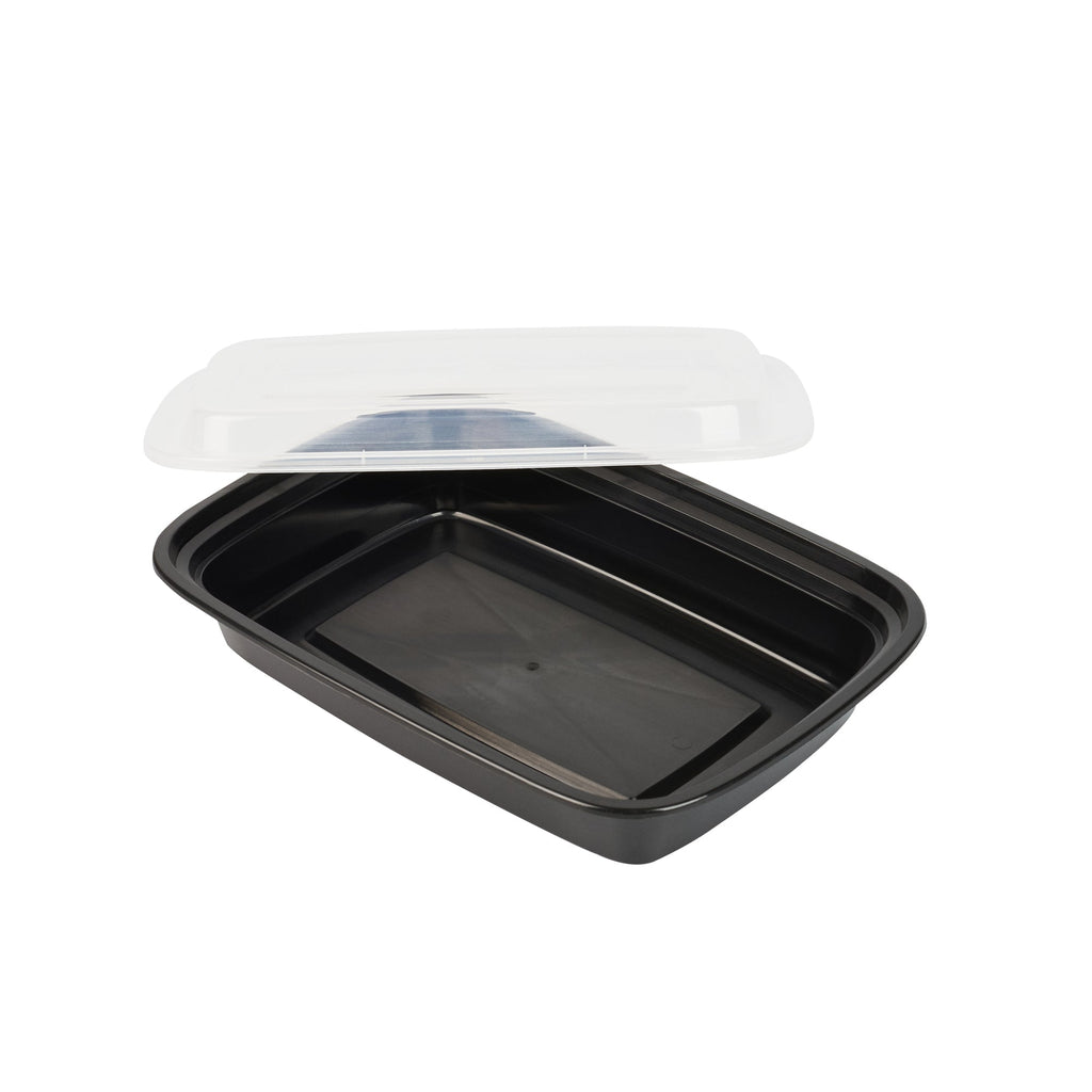 Asporto 28 oz Rectangle Black Plastic To Go Box - with Clear Lid, Microwavable - 8 3/4" x 6" x 1 1/2" - 100 count box