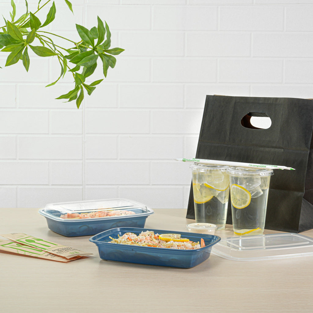 Asporto 28 oz Rectangle Midnight Blue Plastic To Go Box - with Clear Lid, Microwavable - 8 3/4" x 6" x 1 1/2" - 100 count box