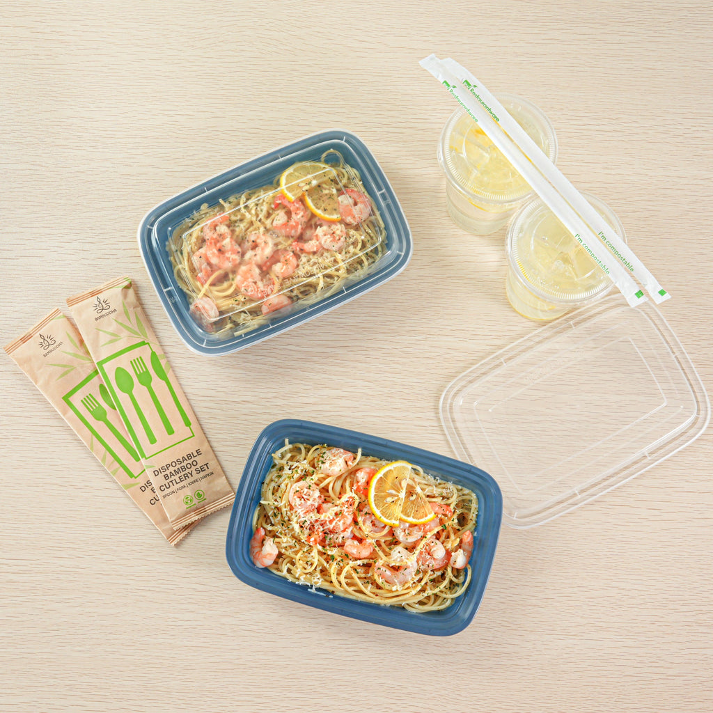 Asporto 28 oz Rectangle Midnight Blue Plastic To Go Box - with Clear Lid, Microwavable - 8 3/4" x 6" x 1 1/2" - 100 count box