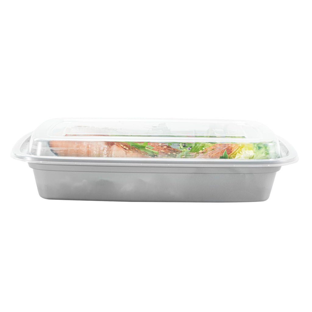 Asporto 28 oz Rectangle Silver Plastic To Go Box - with Clear Lid, Microwavable - 8 3/4" x 6" x 1 1/2" - 100 count box