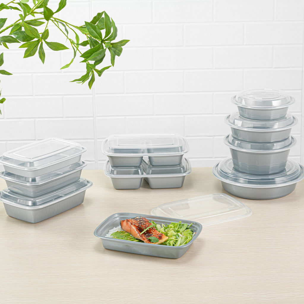 Asporto 28 oz Rectangle Silver Plastic To Go Box - with Clear Lid, Microwavable - 8 3/4" x 6" x 1 1/2" - 100 count box