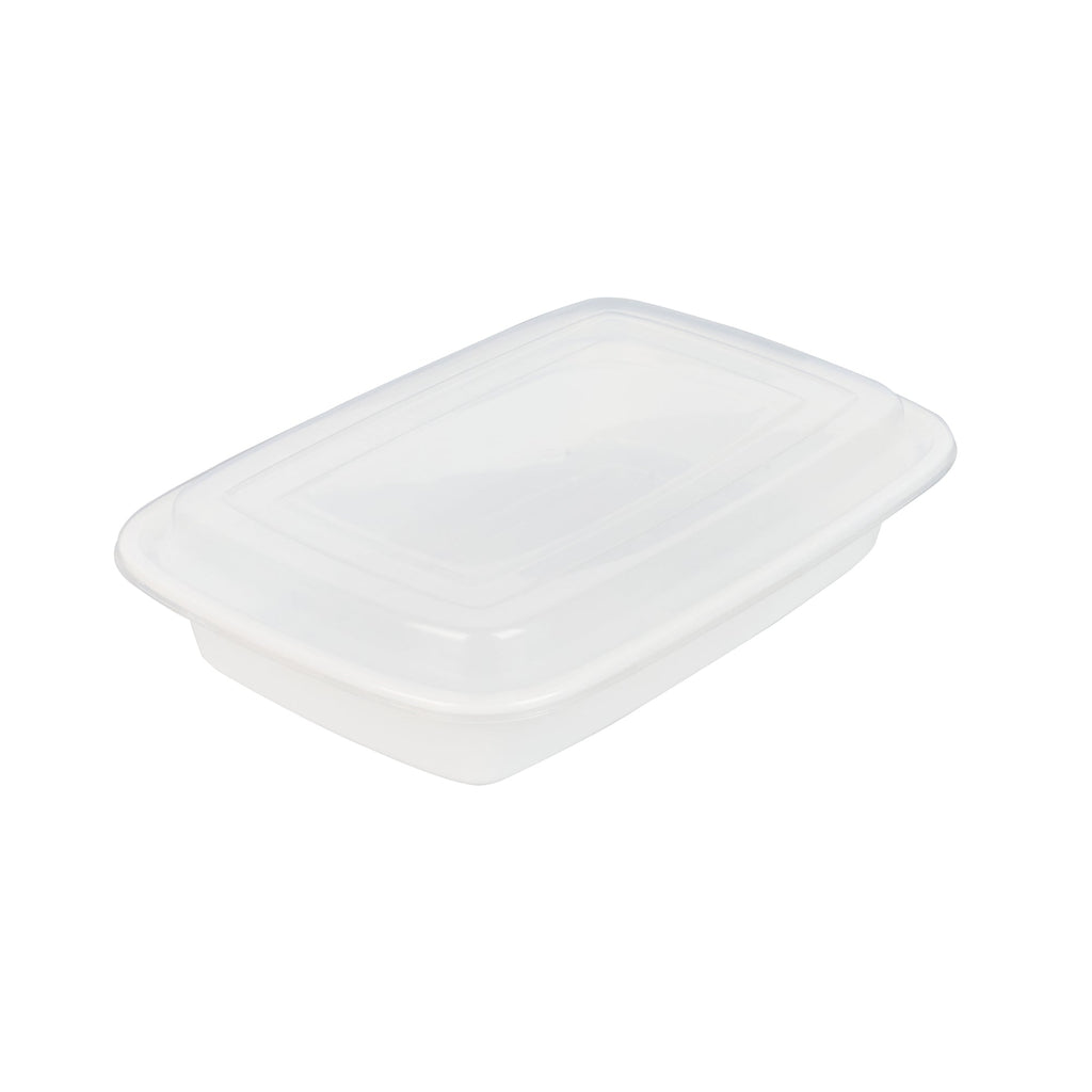 Asporto 28 oz Rectangle White Plastic To Go Box - with Clear Lid, Microwavable - 8 3/4" x 6" x 1 1/2" - 50 count box