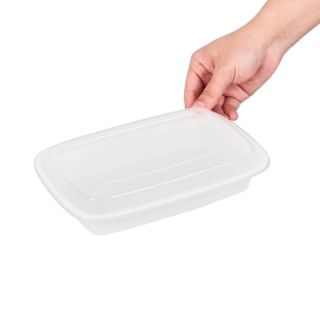 Asporto 28 oz Rectangle White Plastic To Go Box - with Clear Lid, Microwavable - 8 3/4" x 6" x 1 1/2" - 50 count box