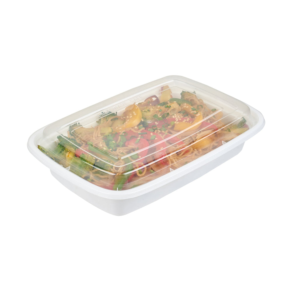 Asporto 28 oz Rectangle White Plastic To Go Box - with Clear Lid, Microwavable - 8 3/4" x 6" x 1 1/2" - 100 count box