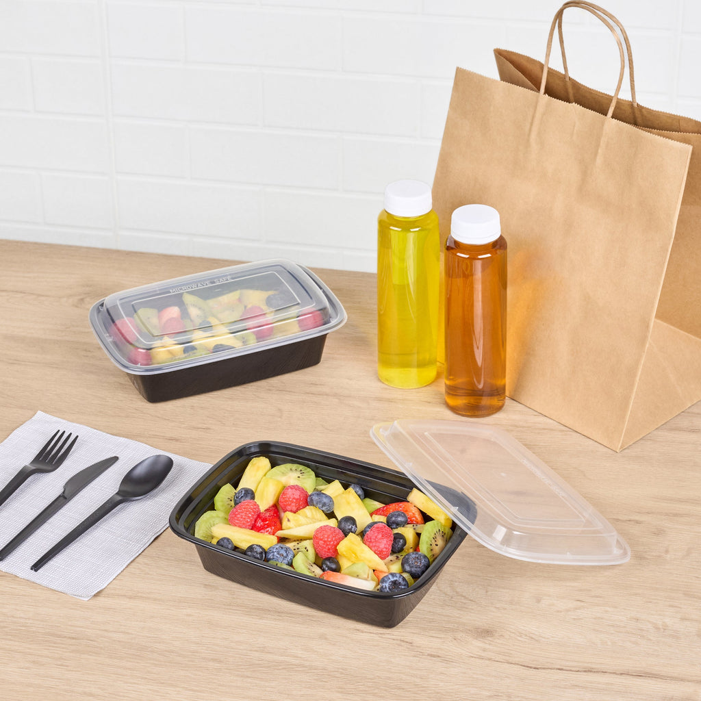 Asporto 38 oz Rectangle Black Plastic To Go Box - with Clear Lid, Microwavable - 8 3/4" x 6" x 2" - 50 count box