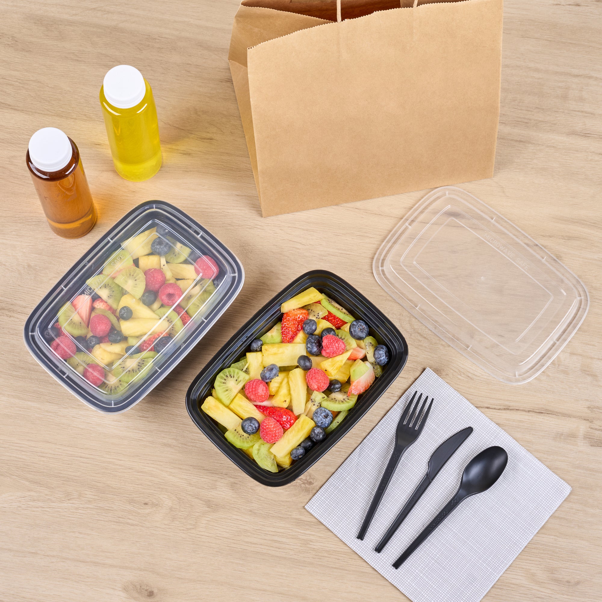 Asporto 38 oz Rectangle Black Plastic To Go Box - with Clear Lid, Microwavable - 8 3/4" x 6" x 2" - 50 count box
