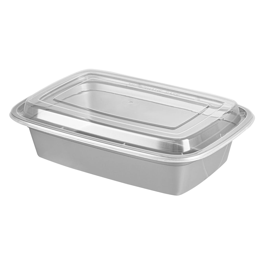 Asporto 38 oz Rectangle Silver Plastic To Go Box - with Clear Lid, Microwavable - 8 3/4" x 6" x 2" - 100 count box