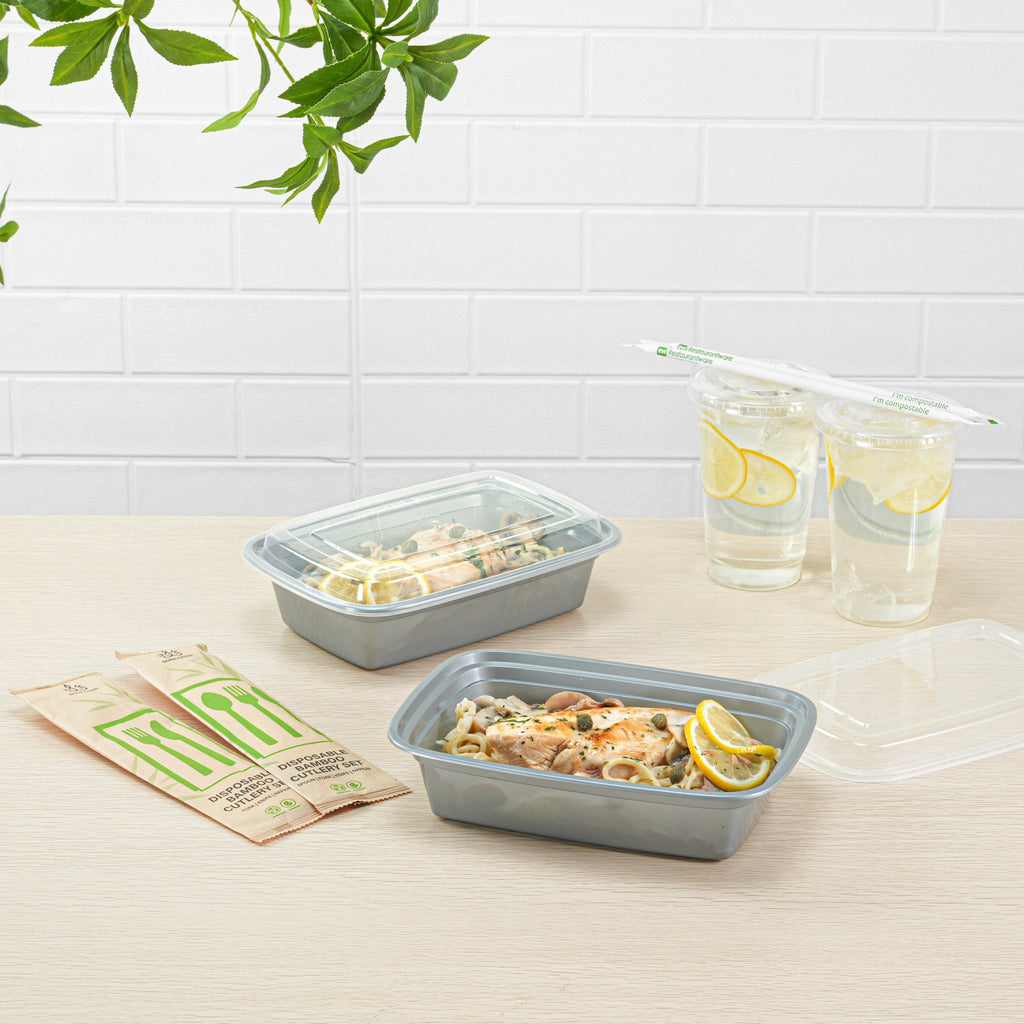 Asporto 38 oz Rectangle Silver Plastic To Go Box - with Clear Lid, Microwavable - 8 3/4" x 6" x 2" - 100 count box
