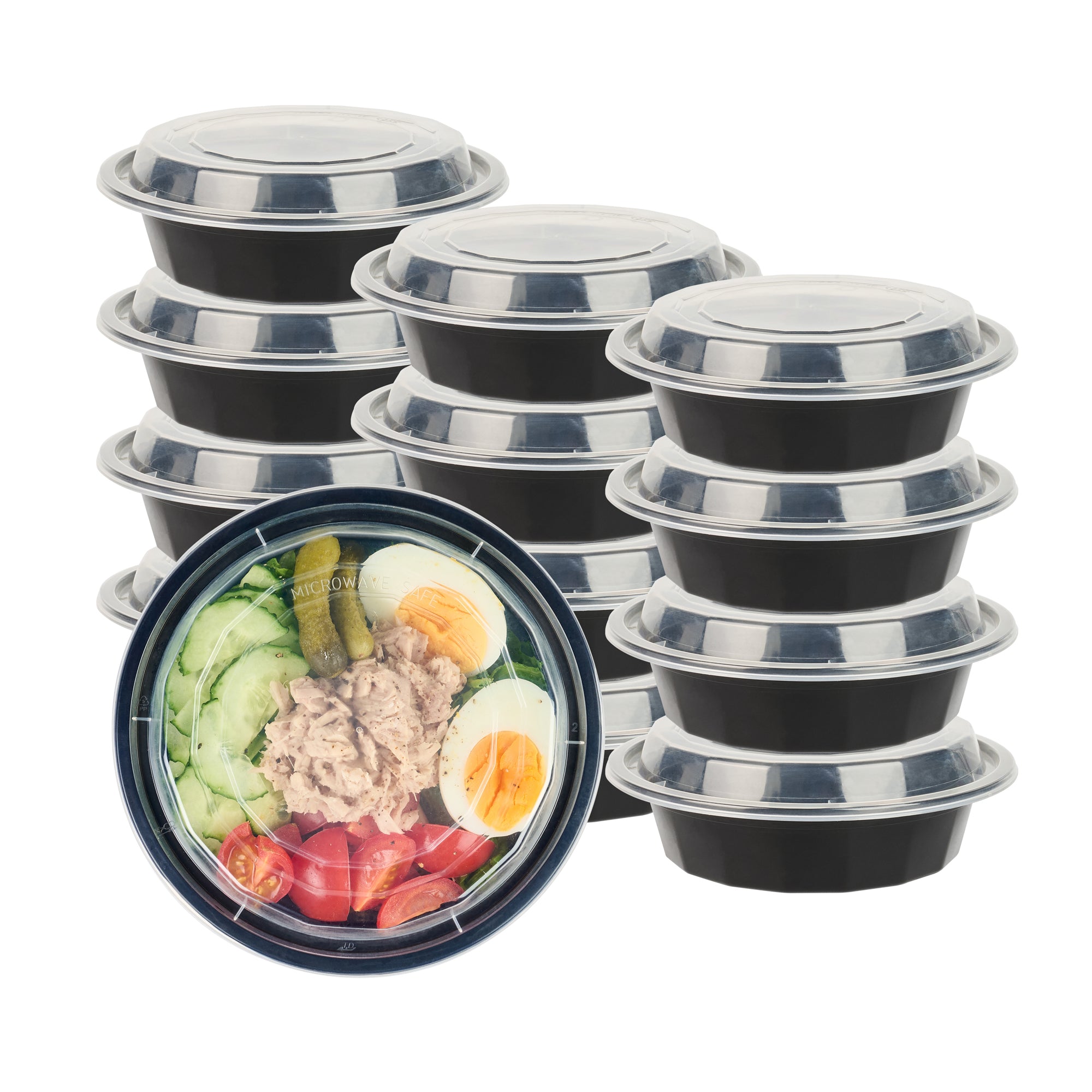 Asporto 16 oz Round Black Plastic To Go Box - with Clear Lid, Microwavable - 6 1/4" x 6 1/4" x 1 3/4" - 100 count box