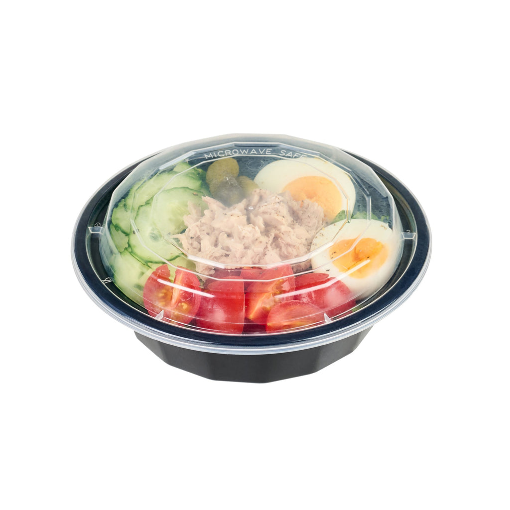 Asporto 16 oz Round Black Plastic To Go Box - with Clear Lid, Microwavable - 6 1/4" x 6 1/4" x 1 3/4" - 50 count box
