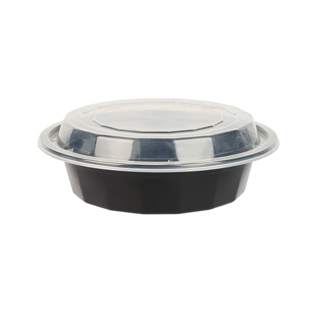 Asporto 16 oz Round Black Plastic To Go Box - with Clear Lid, Microwavable - 6 1/4" x 6 1/4" x 1 3/4" - 50 count box