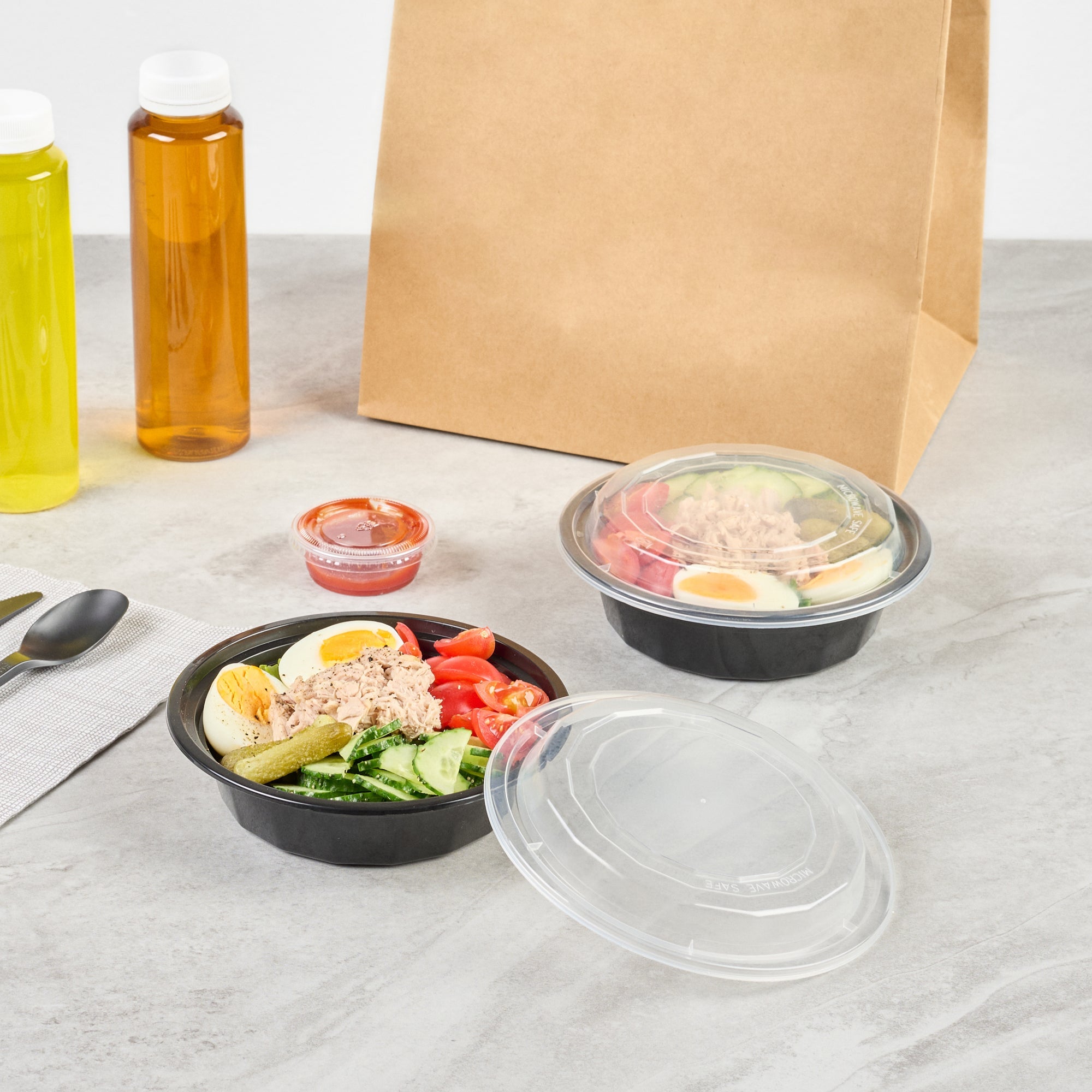 Asporto 16 oz Round Black Plastic To Go Box - with Clear Lid, Microwavable - 6 1/4" x 6 1/4" x 1 3/4" - 50 count box