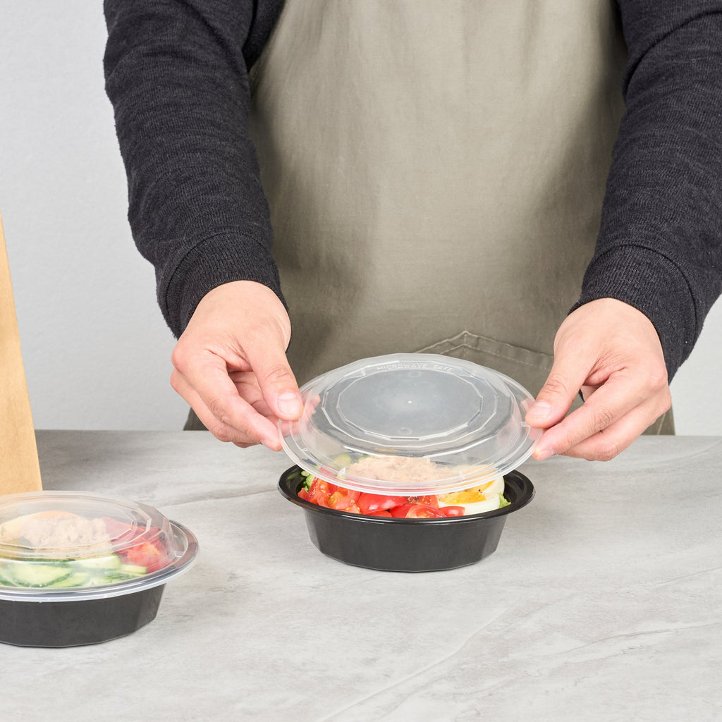 Asporto 16 oz Round Black Plastic To Go Box - with Clear Lid, Microwavable - 6 1/4" x 6 1/4" x 1 3/4" - 50 count box