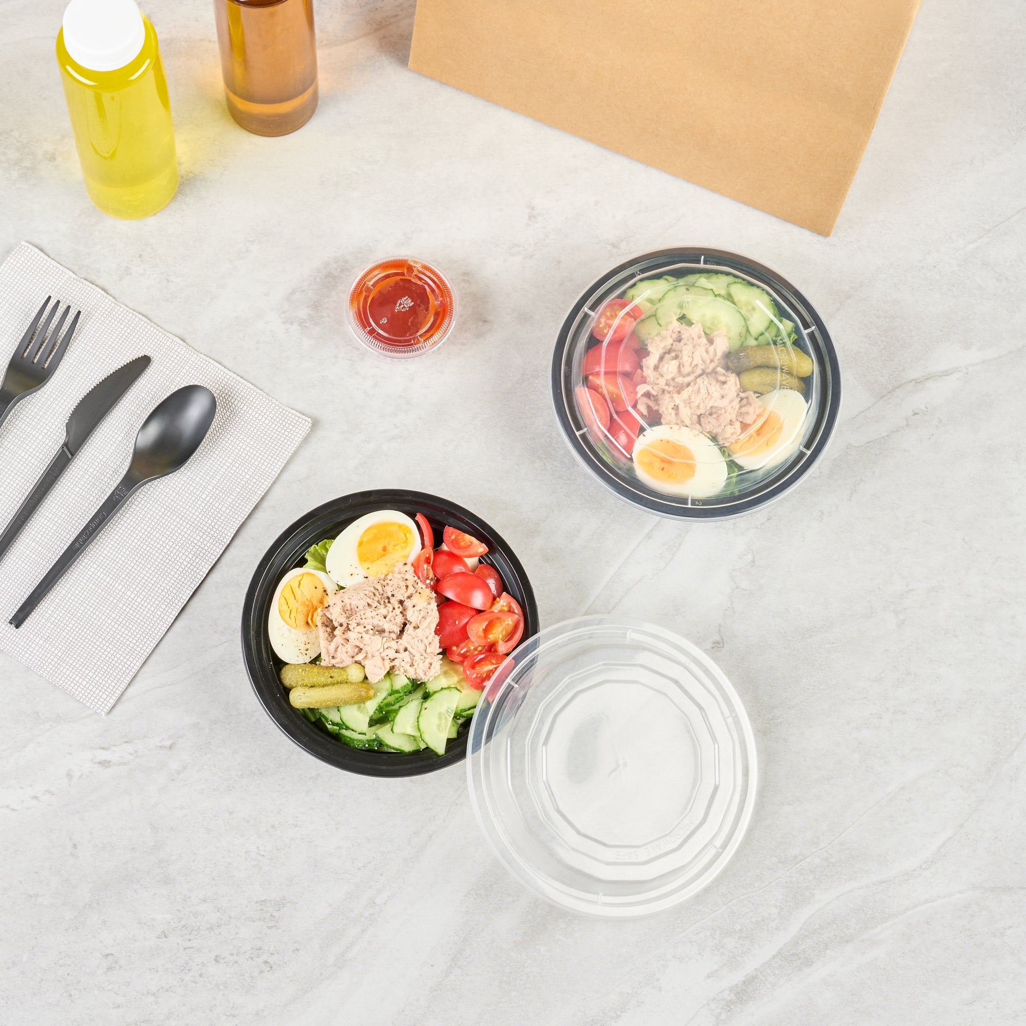 Asporto 16 oz Round Black Plastic To Go Box - with Clear Lid, Microwavable - 6 1/4" x 6 1/4" x 1 3/4" - 100 count box