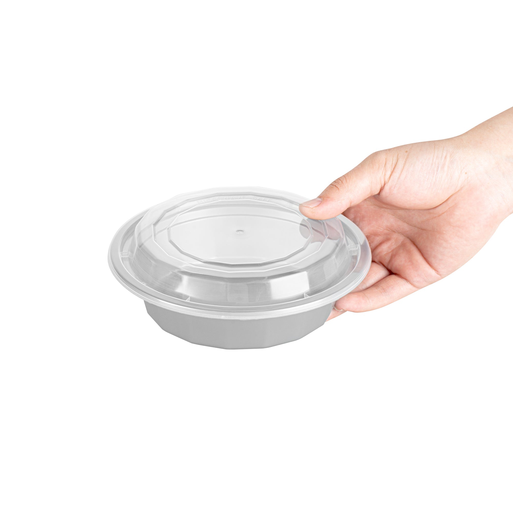 Asporto 16 oz Round Silver Plastic To Go Box - with Clear Lid, Microwavable - 6 1/4" x 6 1/4" x 1 3/4" - 100 count box