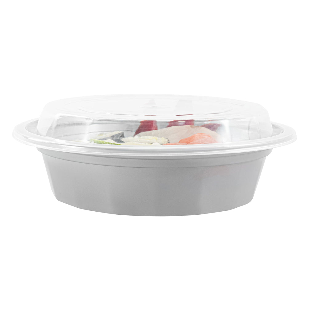 Asporto 16 oz Round Silver Plastic To Go Box - with Clear Lid, Microwavable - 6 1/4" x 6 1/4" x 1 3/4" - 100 count box