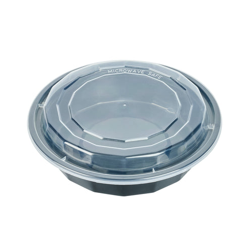 Asporto 24 oz Round Black Plastic To Go Box - with Clear Lid, Microwavable - 7 1/4" x 7 1/4" x 1 1/2" - 100 count box