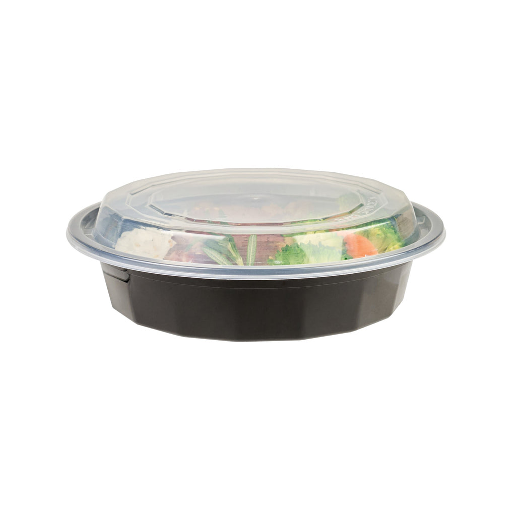 Asporto 24 oz Round Black Plastic To Go Box - with Clear Lid, Microwavable - 7 1/4" x 7 1/4" x 1 1/2" - 50 count box
