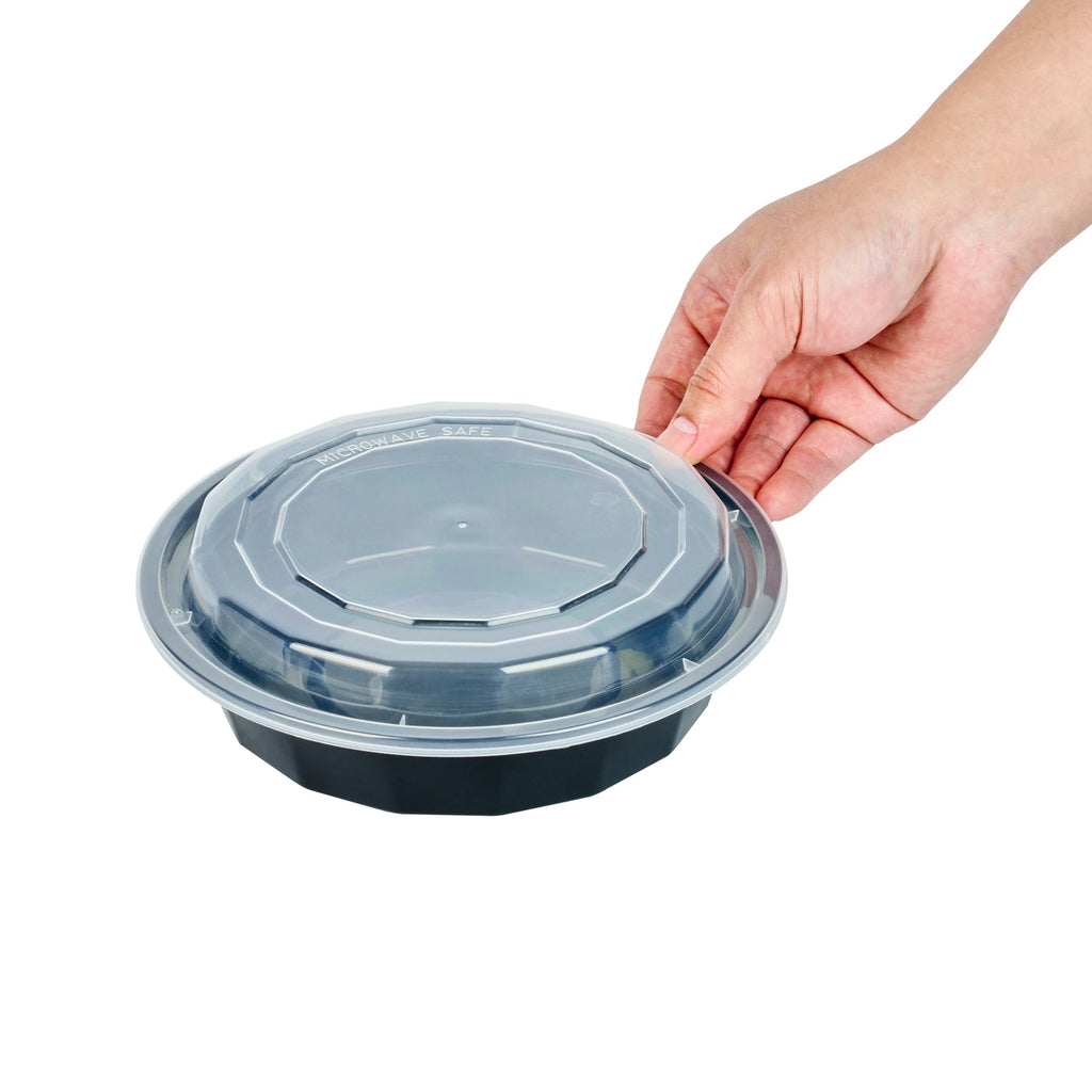 Asporto 24 oz Round Black Plastic To Go Box - with Clear Lid, Microwavable - 7 1/4" x 7 1/4" x 1 1/2" - 100 count box