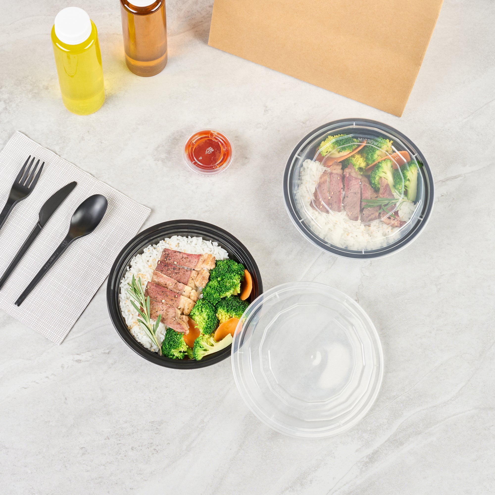Asporto 24 oz Round Black Plastic To Go Box - with Clear Lid, Microwavable - 7 1/4" x 7 1/4" x 1 1/2" - 100 count box