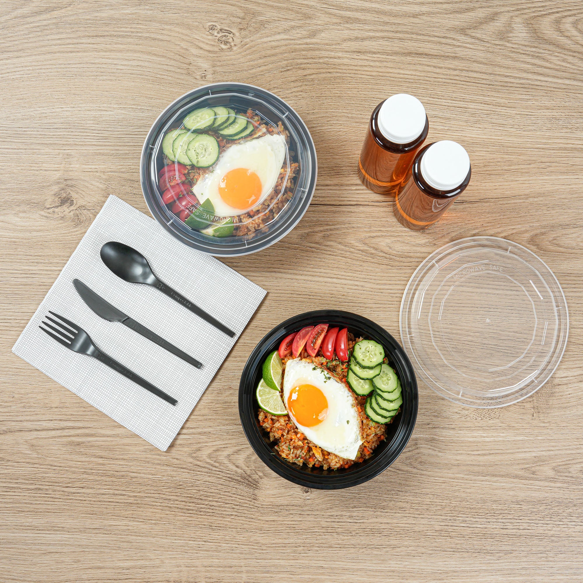 Asporto 24 oz Round Black Plastic To Go Box - with Clear Lid, Microwavable - 7 1/4" x 7 1/4" x 1 1/2" - 100 count box