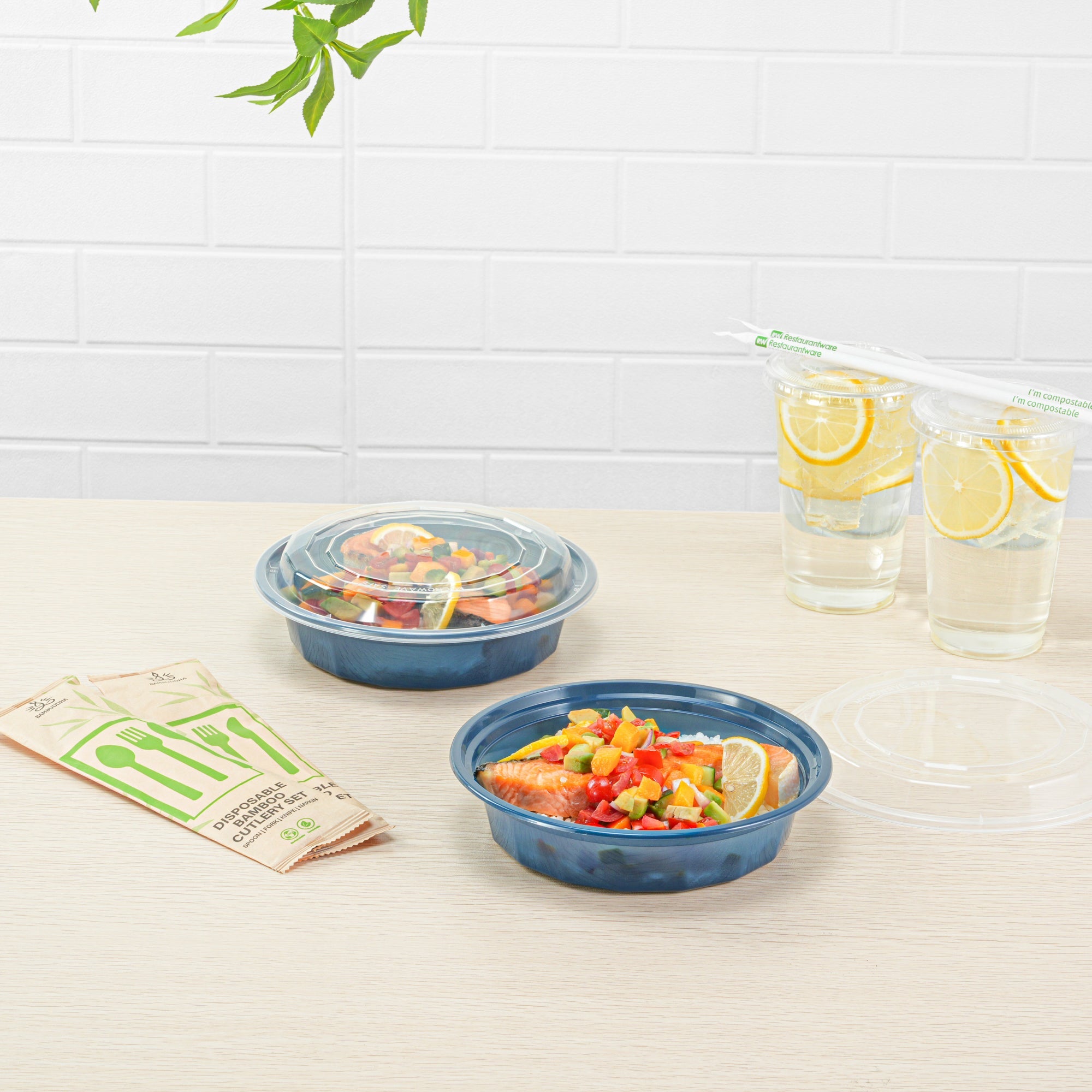 Asporto 24 oz Round Midnight Blue Plastic To Go Box - with Clear Lid, Microwavable - 7 1/4" x 7 1/4" x 1 1/2" - 100 count box