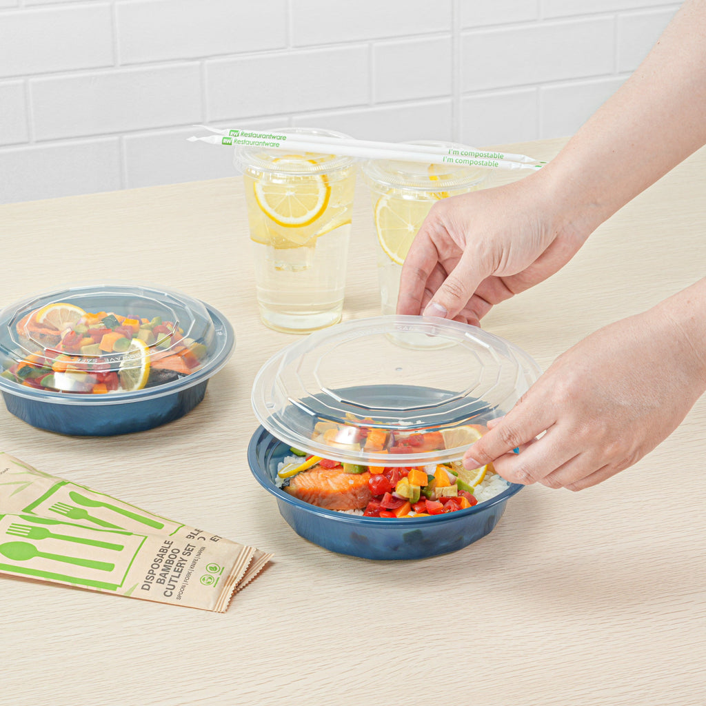 Asporto 24 oz Round Midnight Blue Plastic To Go Box - with Clear Lid, Microwavable - 7 1/4" x 7 1/4" x 1 1/2" - 100 count box