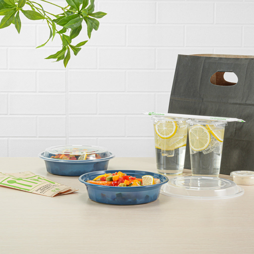 Asporto 24 oz Round Midnight Blue Plastic To Go Box - with Clear Lid, Microwavable - 7 1/4" x 7 1/4" x 1 1/2" - 100 count box