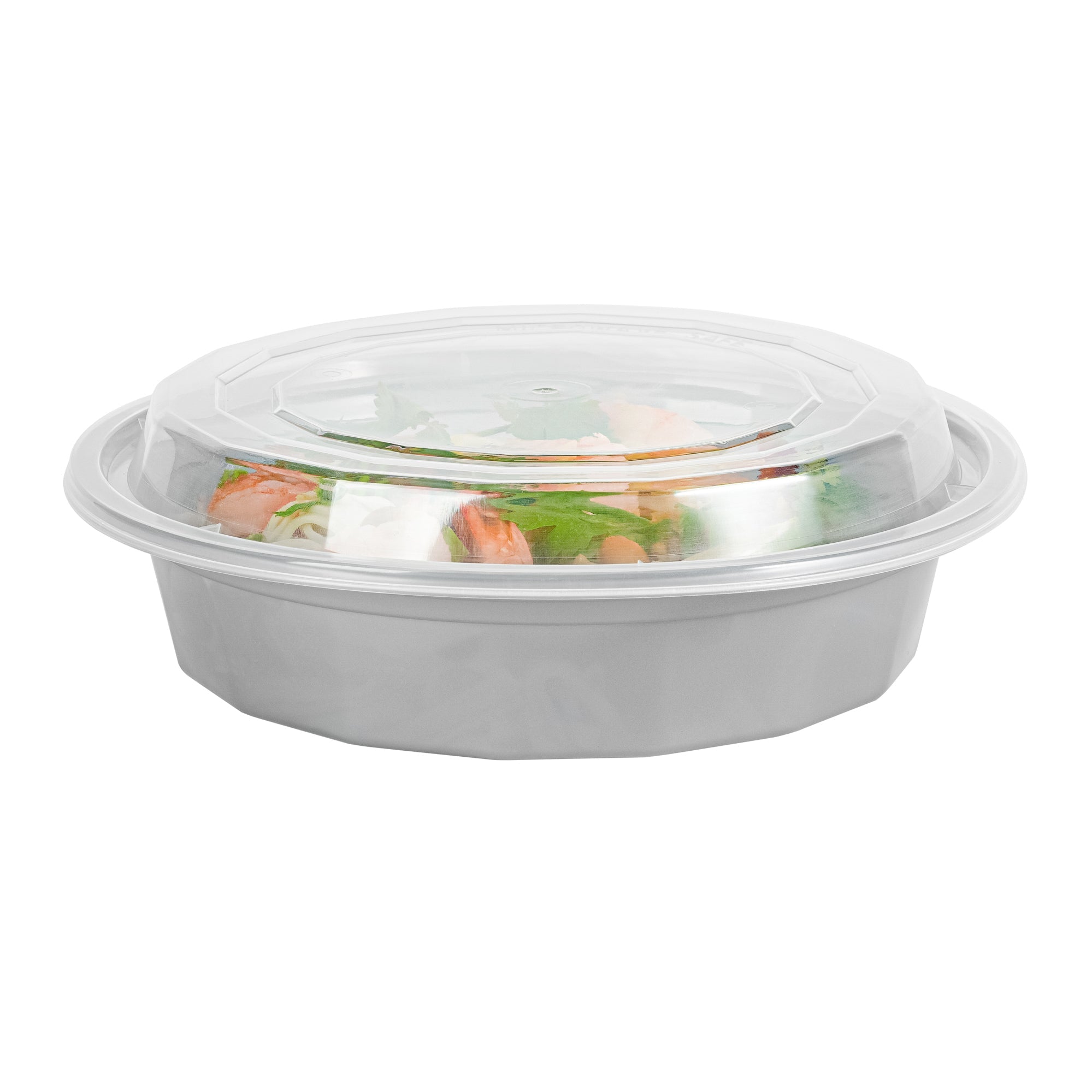 Asporto 24 oz Round Silver Plastic To Go Box - with Clear Lid, Microwavable - 7 1/4" x 7 1/4" x 1 1/2" - 100 count box