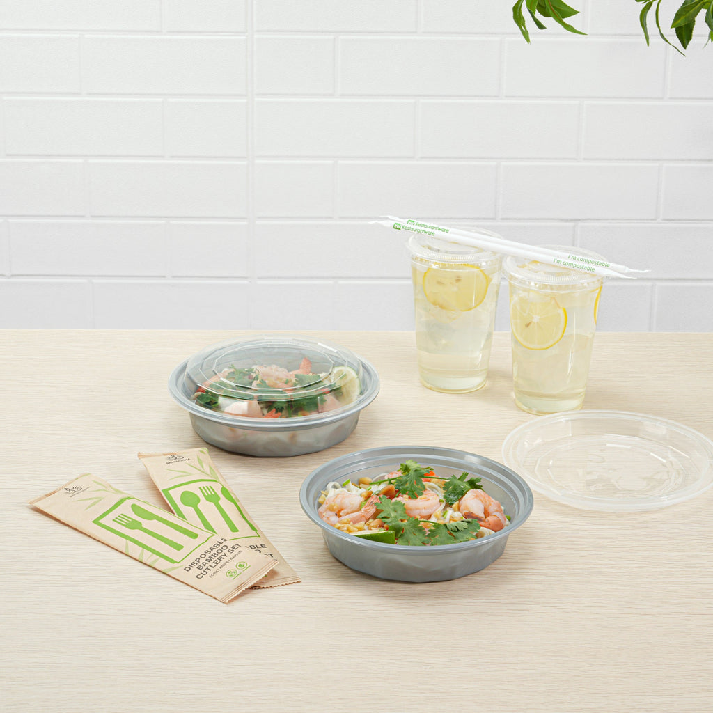 Asporto 24 oz Round Silver Plastic To Go Box - with Clear Lid, Microwavable - 7 1/4" x 7 1/4" x 1 1/2" - 100 count box