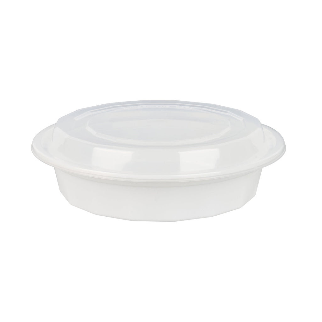 Asporto 24 oz Round White Plastic To Go Box - with Clear Lid, Microwavable - 7 1/4" x 7 1/4" x 1 1/2" - 50 count box