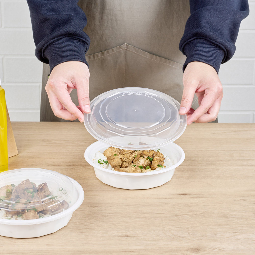 Asporto 24 oz Round White Plastic To Go Box - with Clear Lid, Microwavable - 7 1/4" x 7 1/4" x 1 1/2" - 50 count box