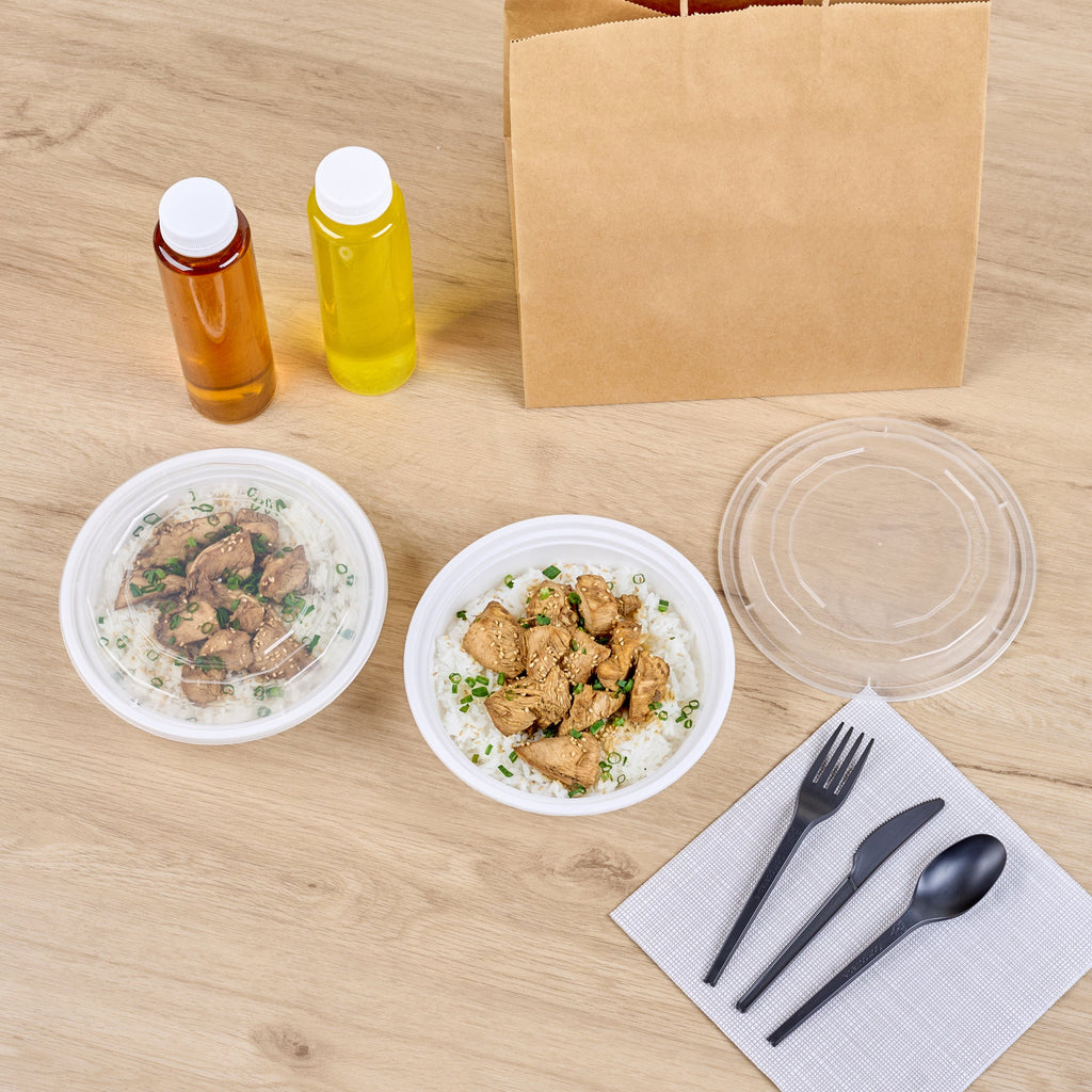 Asporto 24 oz Round White Plastic To Go Box - with Clear Lid, Microwavable - 7 1/4" x 7 1/4" x 1 1/2" - 50 count box