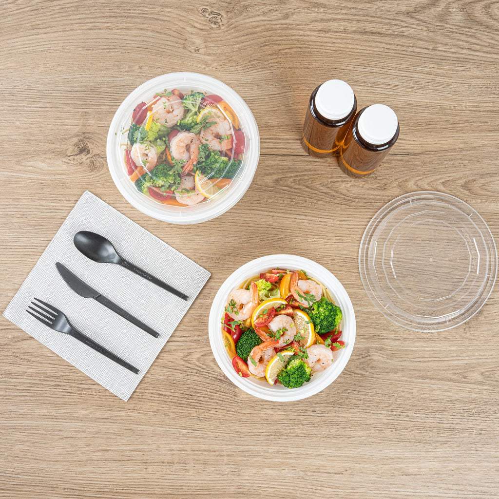 Asporto 24 oz Round White Plastic To Go Box - with Clear Lid, Microwavable - 7 1/4" x 7 1/4" x 1 1/2" - 50 count box