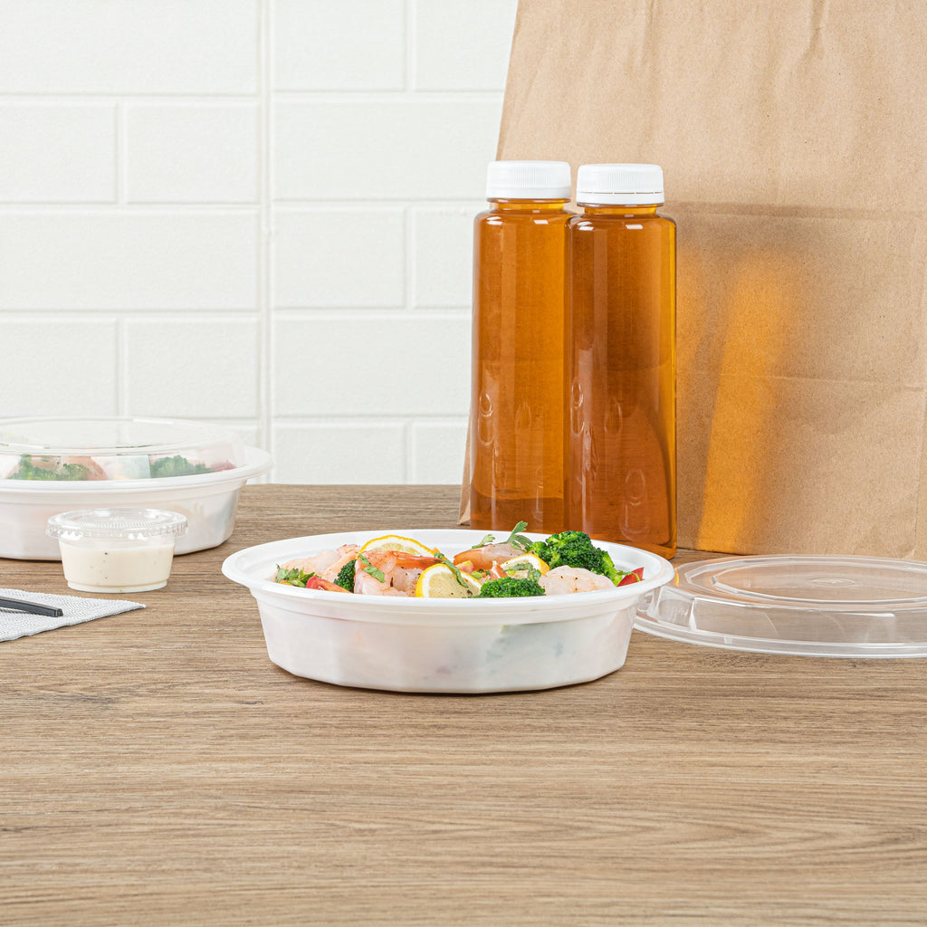 Asporto 24 oz Round White Plastic To Go Box - with Clear Lid, Microwavable - 7 1/4" x 7 1/4" x 1 1/2" - 100 count box